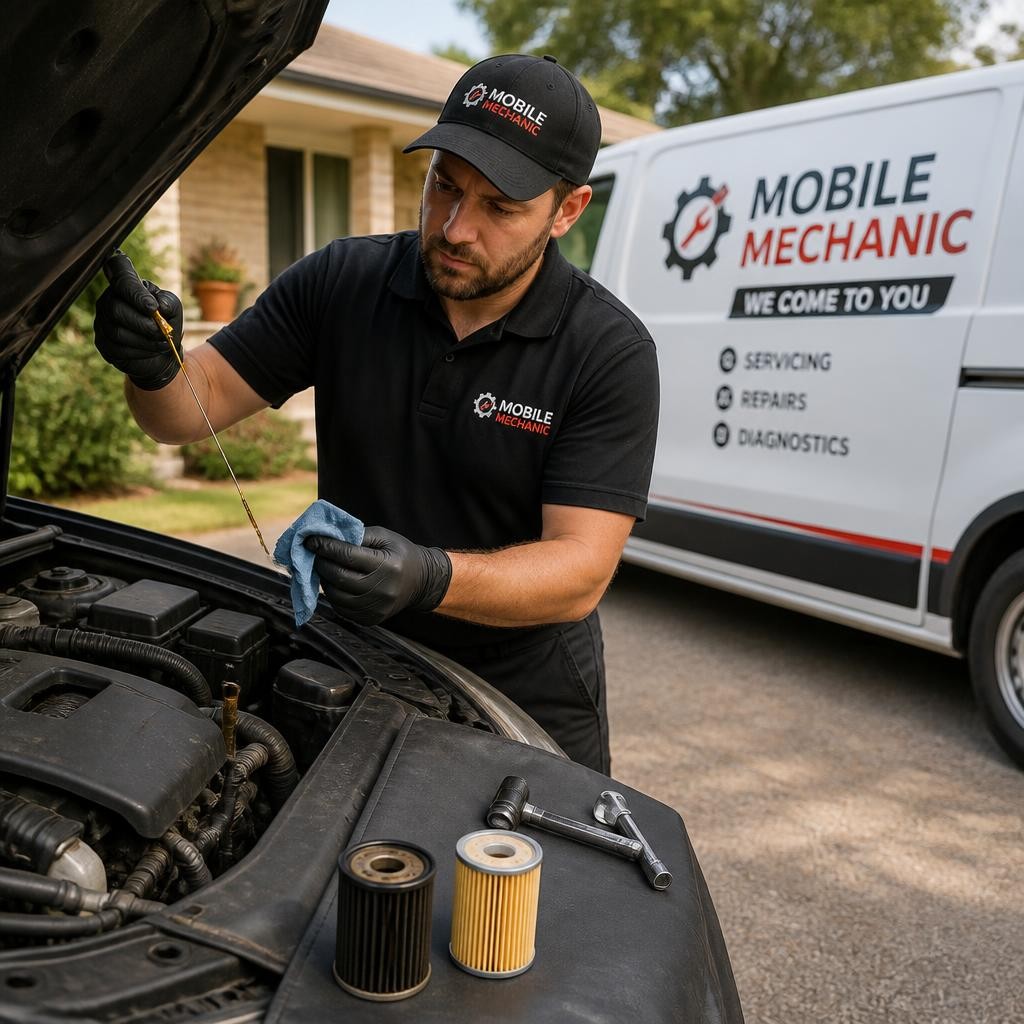 Mechanic performing a routine mobile car service