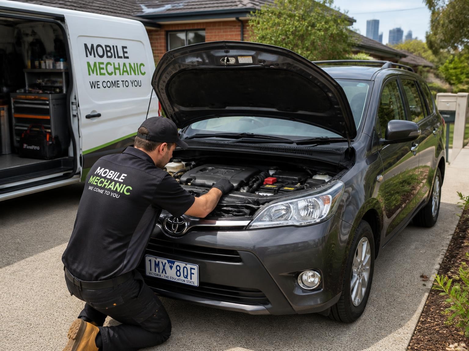 Mechanic inspecting a car at a Melbourne driveway