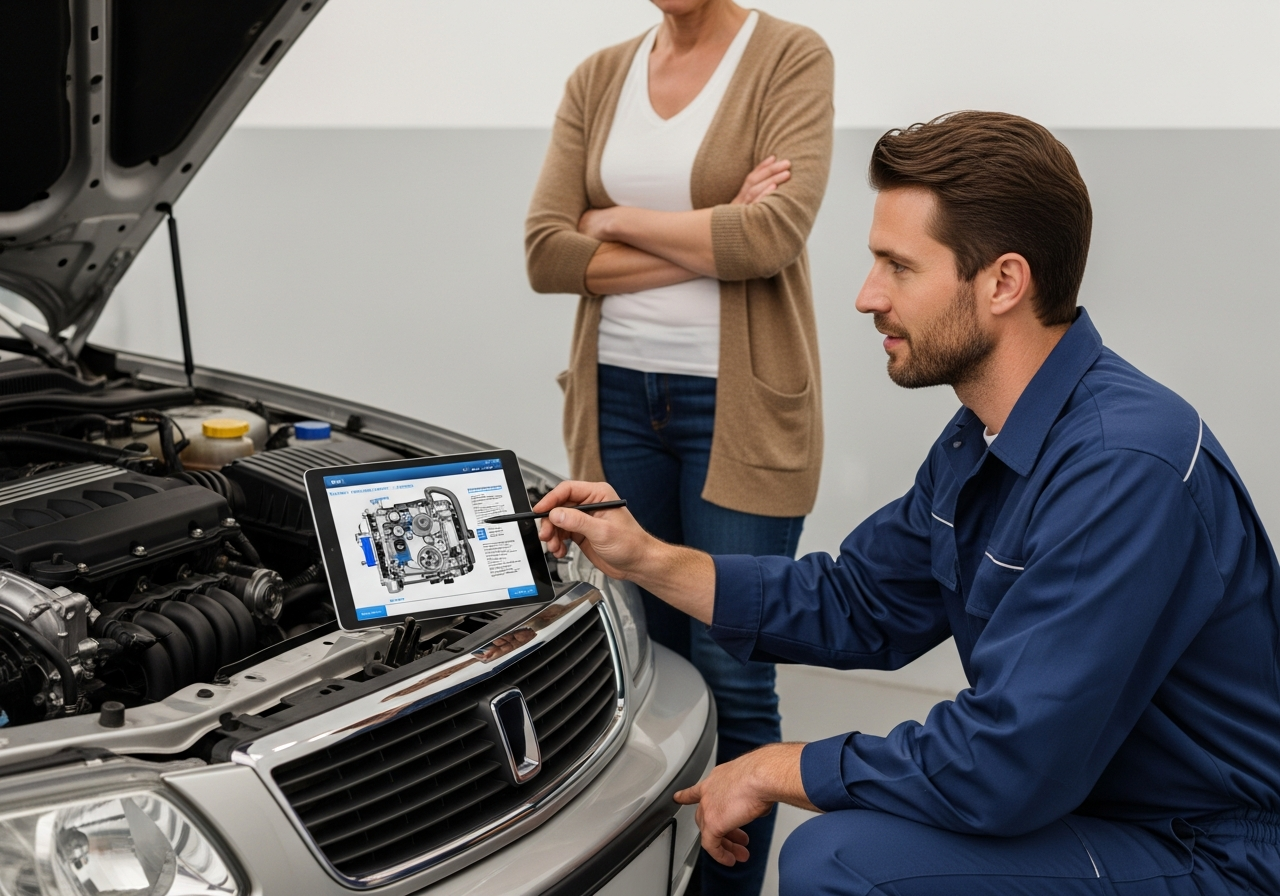Mobile mechanic explaining repair