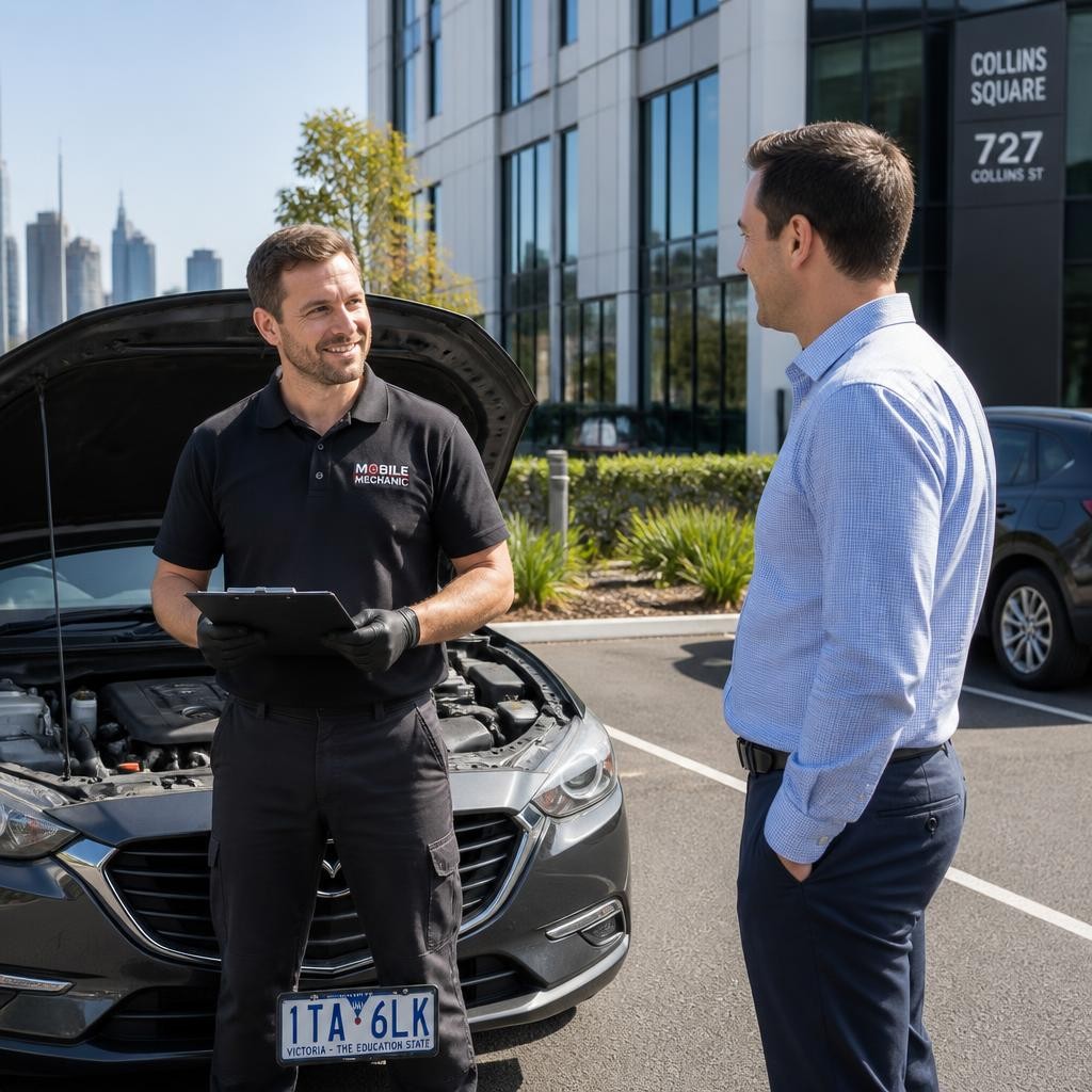 Mobile mechanic inspecting a car at a workplace in Melbourne