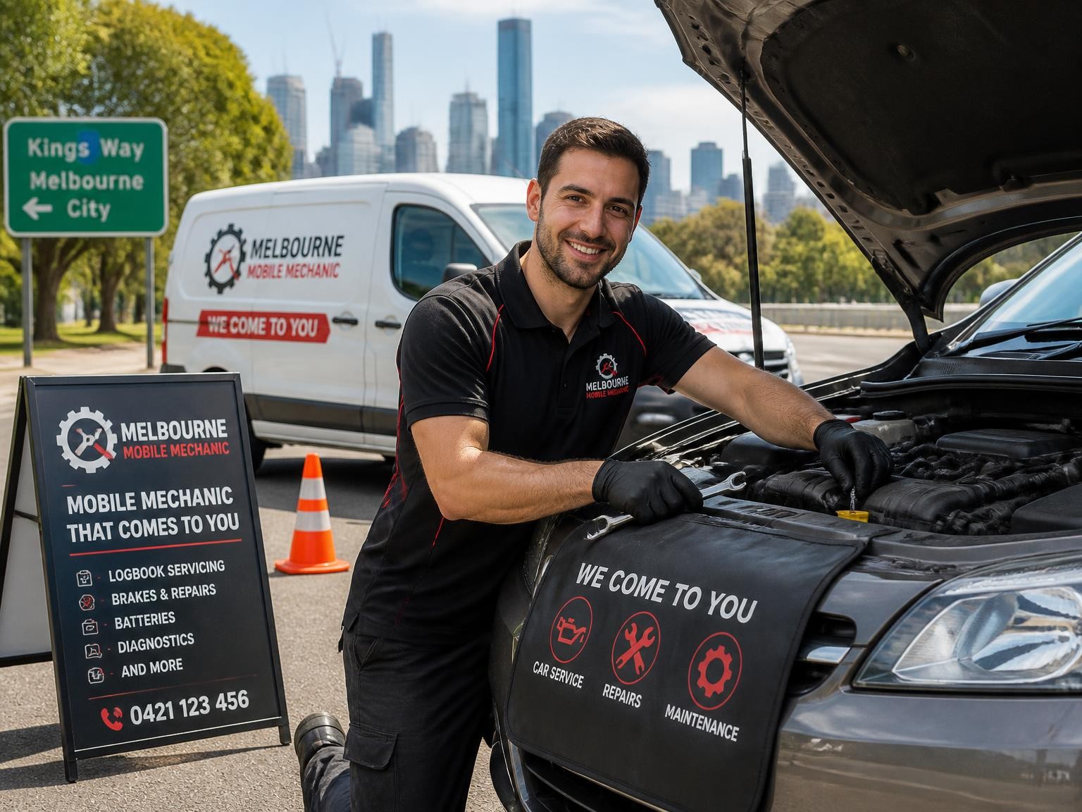 Mobile mechanic carrying out a roadside vehicle repair in Melbourne