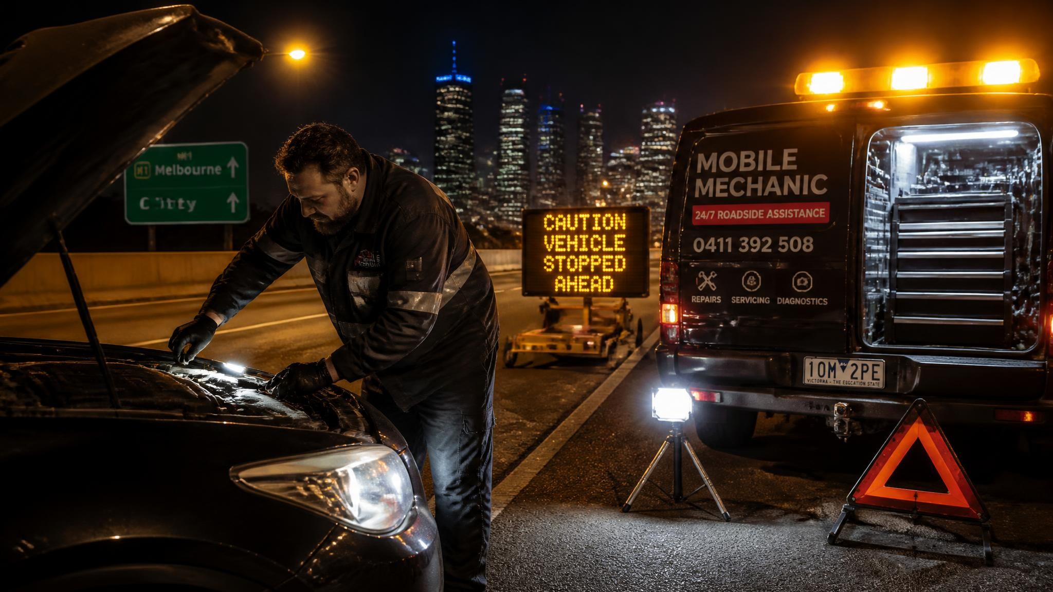 24-hour mechanic performing an emergency roadside repair in Melbourne