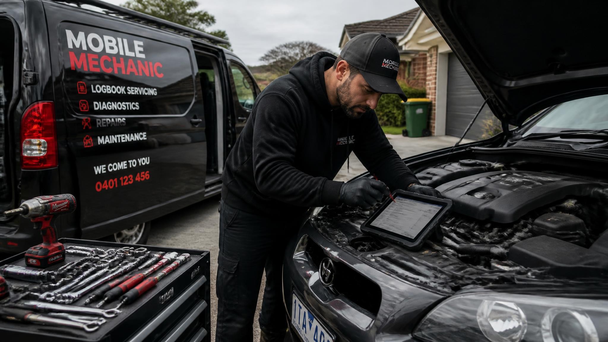Mobile mechanic performing an on-site car repair in Melbourne