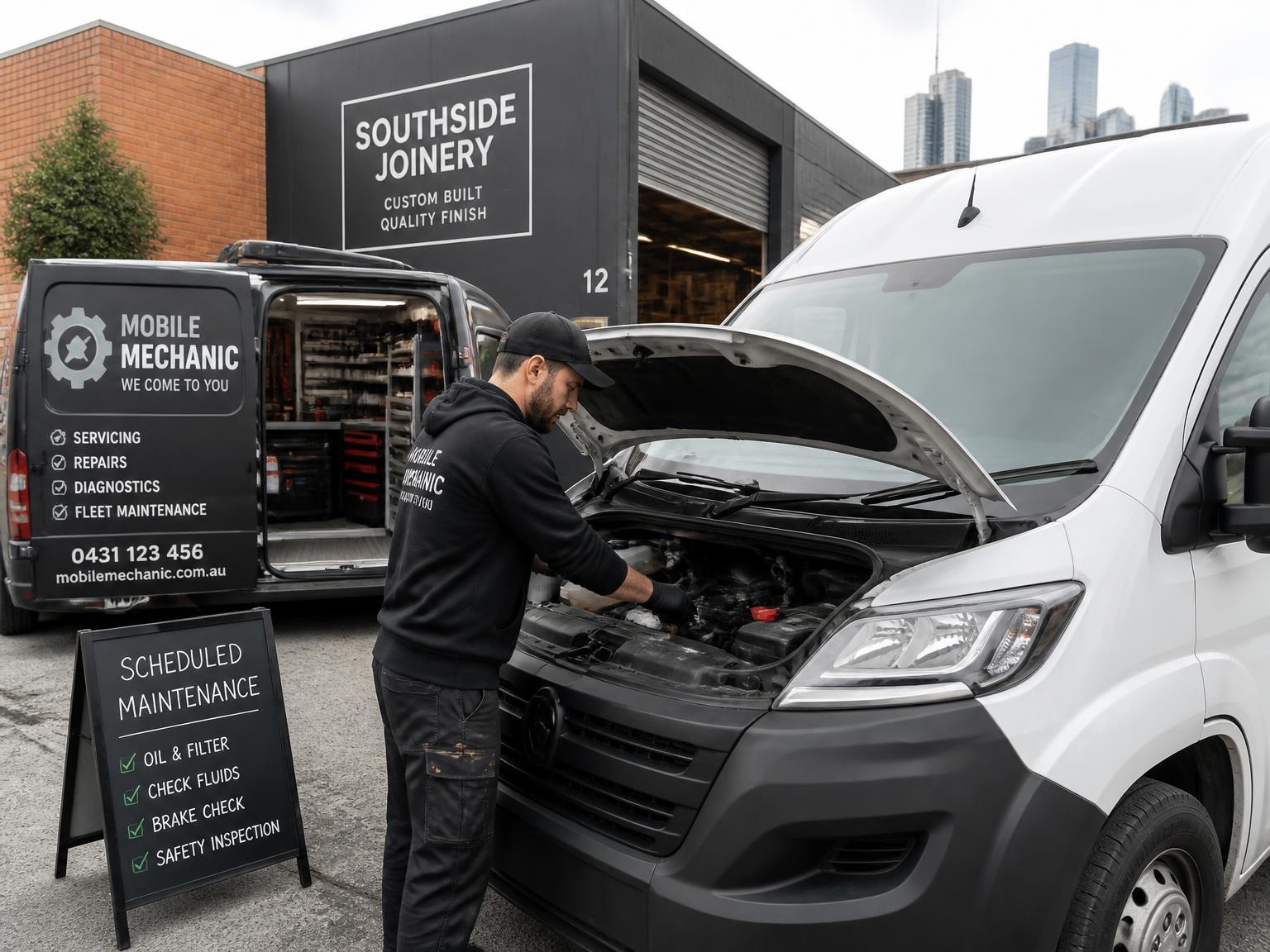 Mechanic performing on-site fleet maintenance on a commercial van
