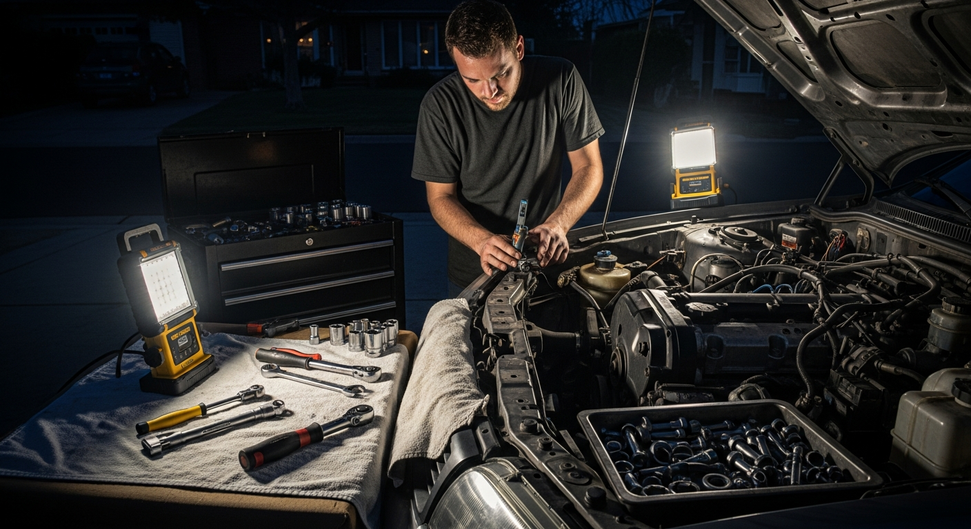 Night mobile mechanic working