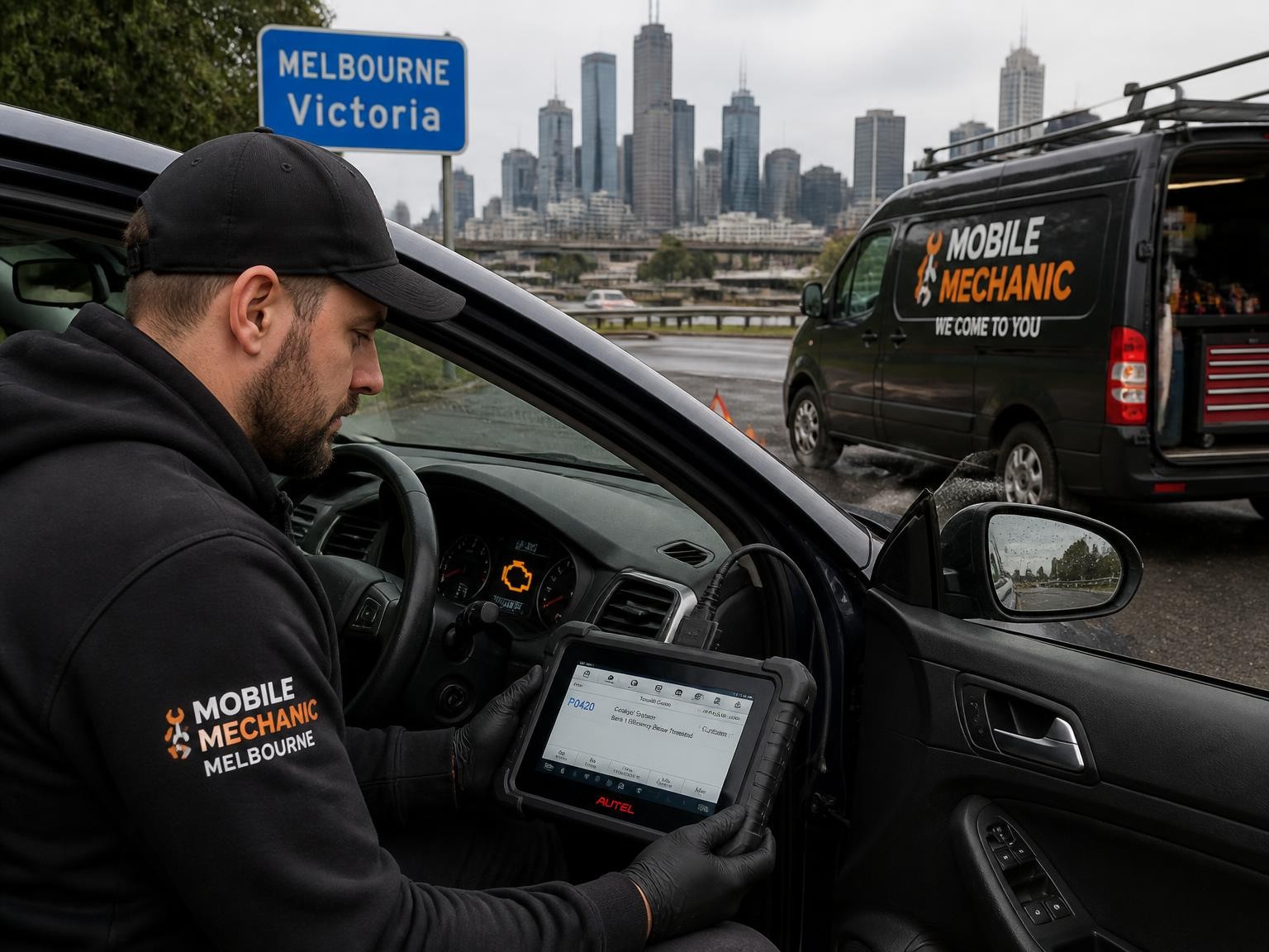 Mobile mechanic using professional vehicle diagnostic equipment