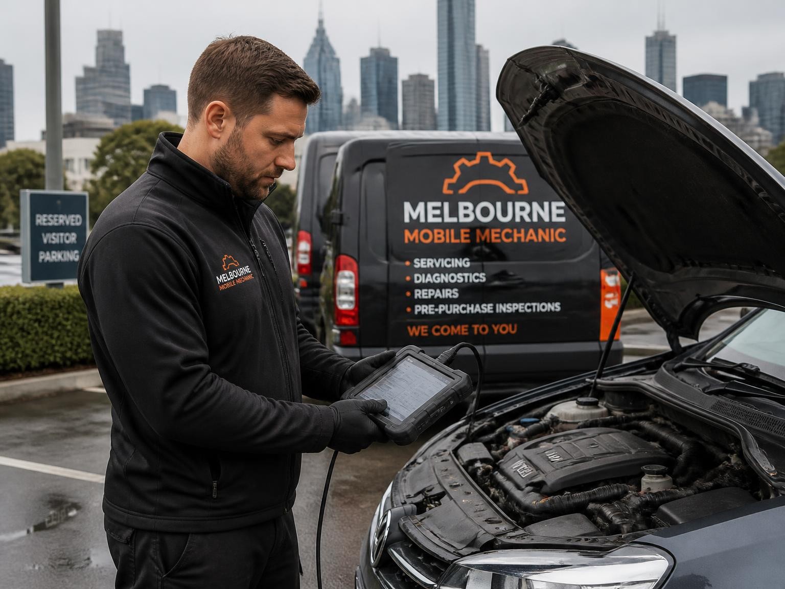 Mobile mechanic carrying out car diagnostics onsite