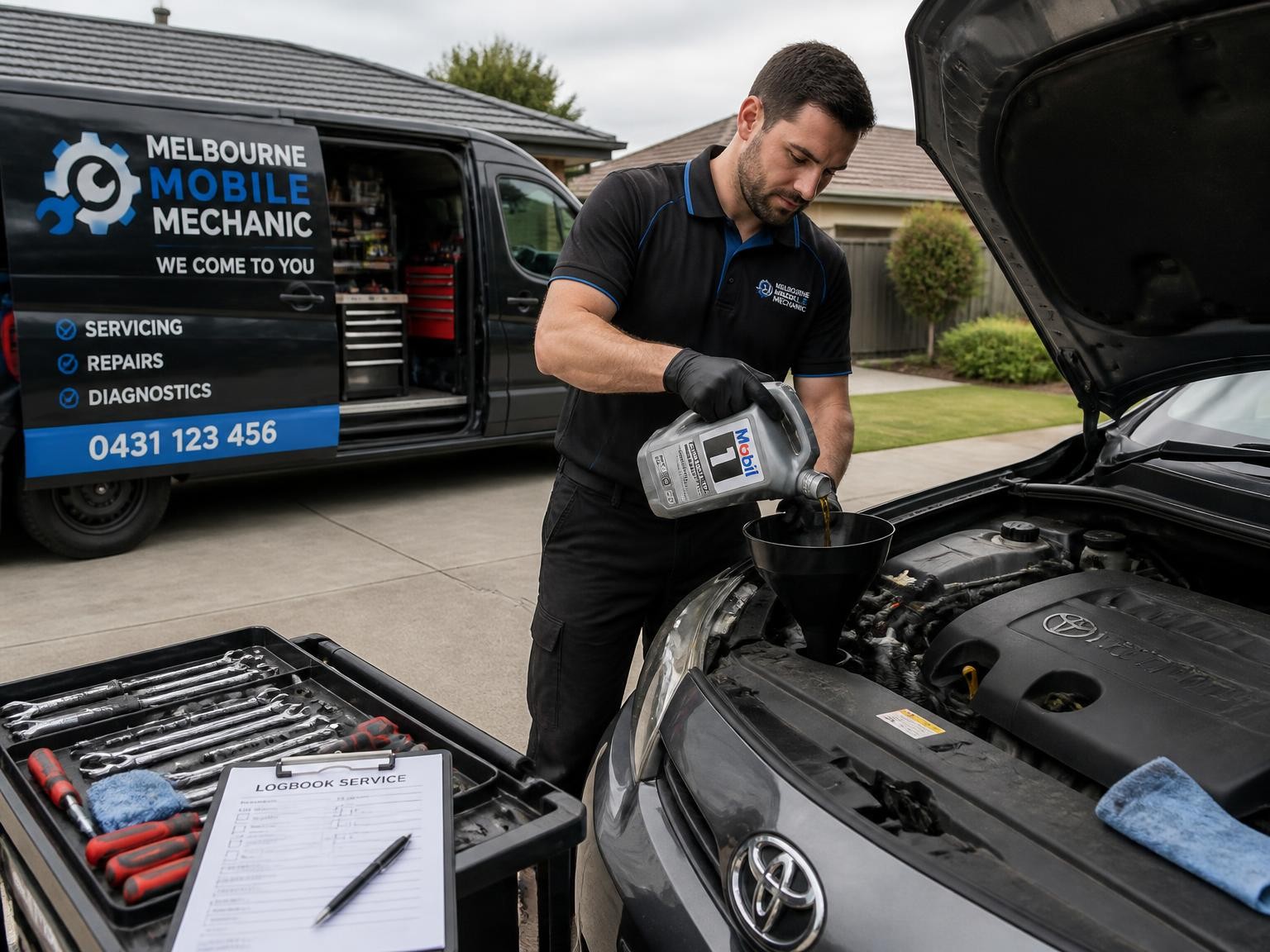 Mobile mechanic performing logbook servicing at a Melbourne driveway
