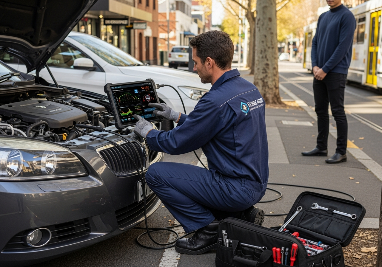 On call mechanic diagnosing car