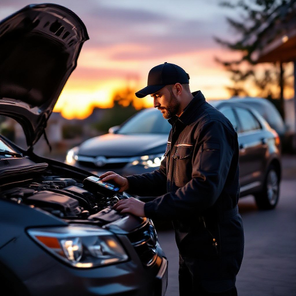 Mobile mechanic diagnosing car battery