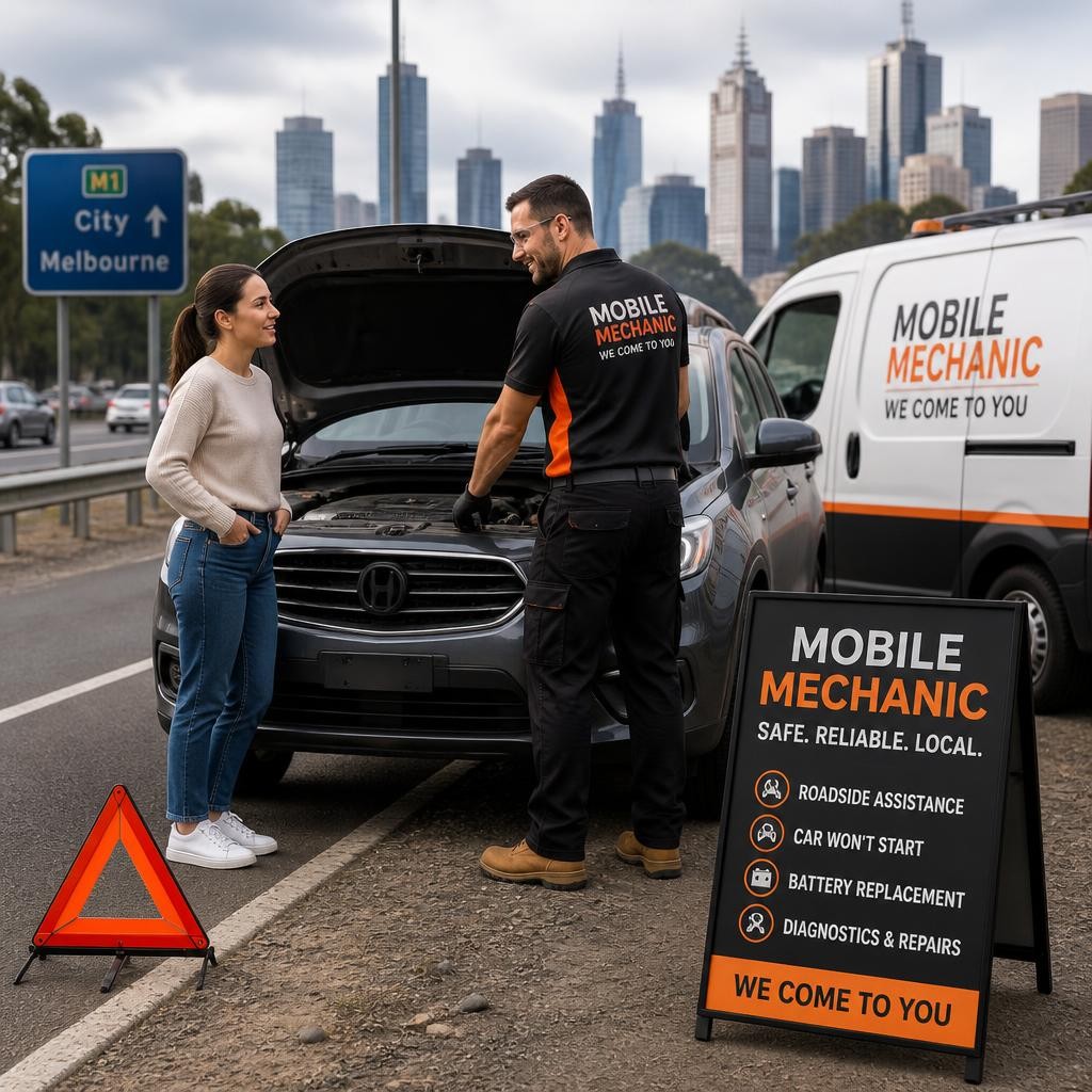 Mobile mechanic helping a stranded driver during a roadside breakdown