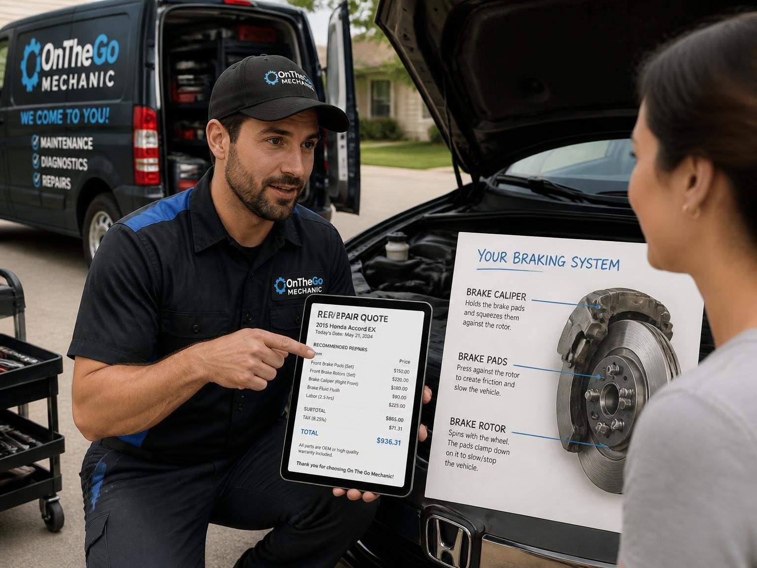Mobile mechanic explaining transparent repair pricing to a customer