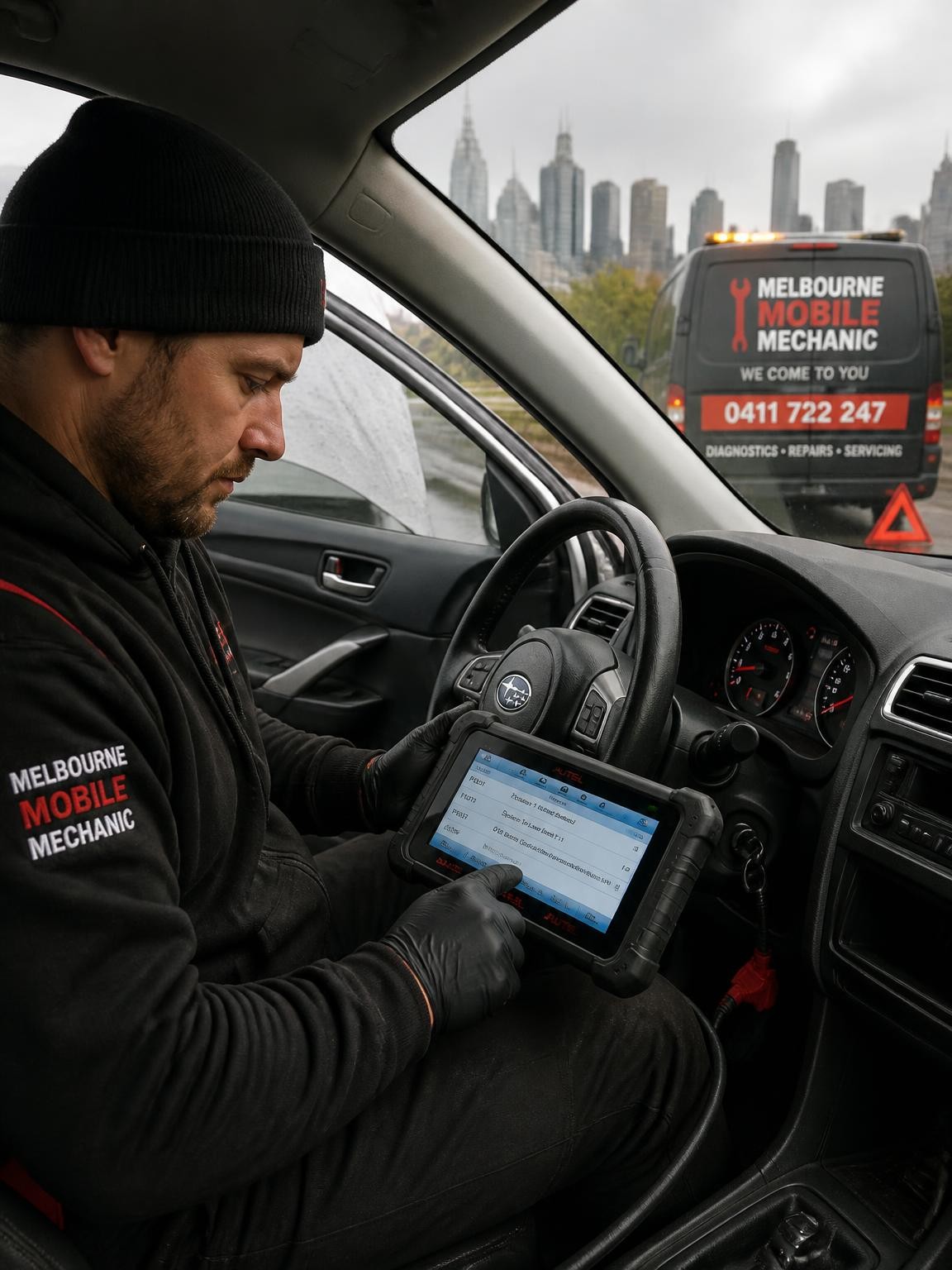 Mobile mechanic diagnosing a car fault onsite