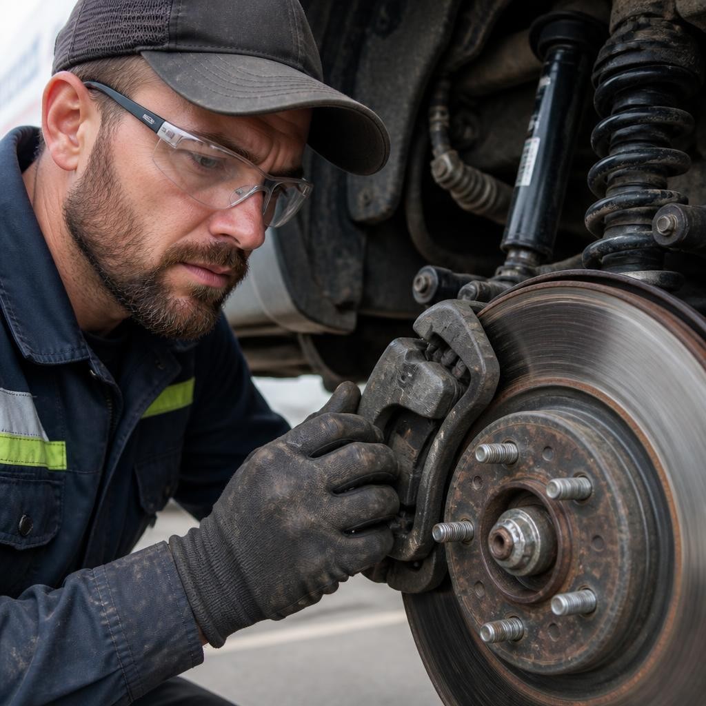 Mechanic inspecting a vehicle during mobile car repairs
