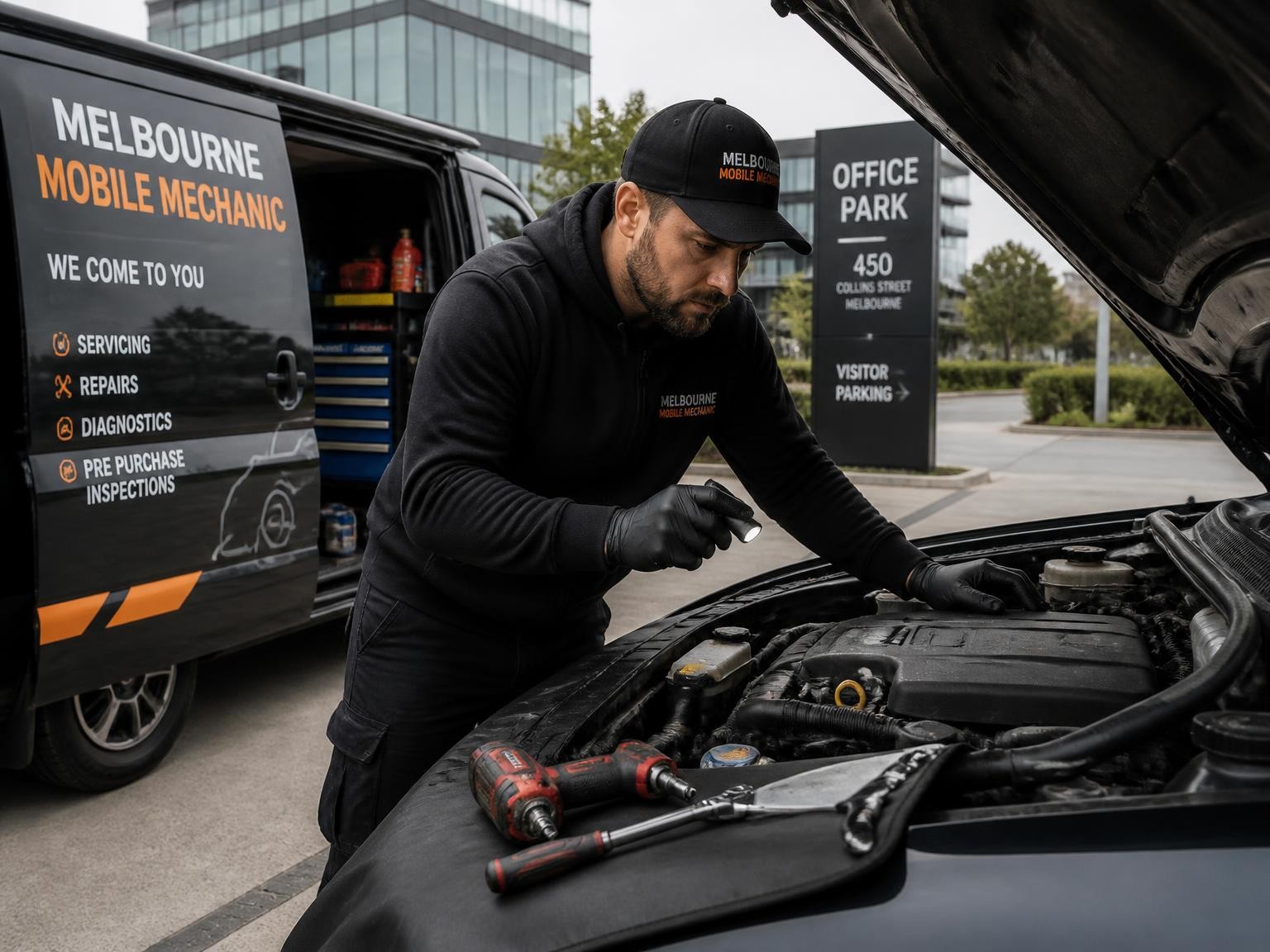 Mechanic performing fast onsite car diagnostics in Melbourne