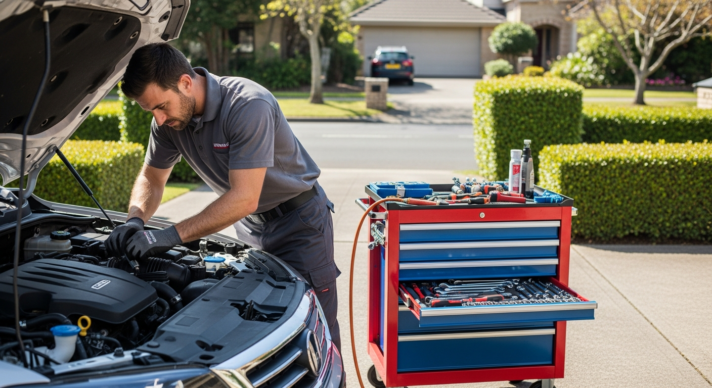 Mobile mechanic working in driveway
