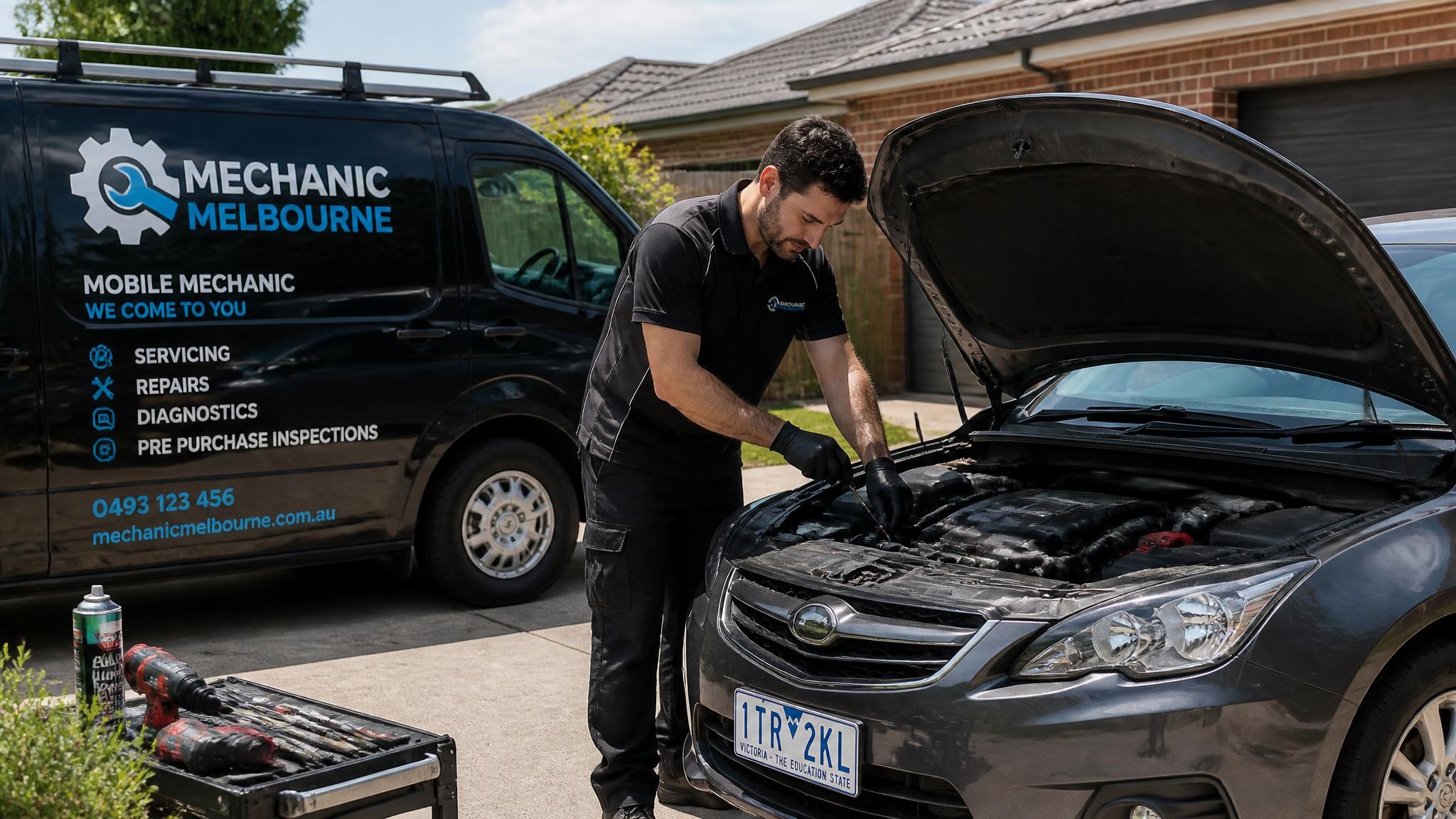 Mobile auto mechanic working on a car in a Melbourne suburb