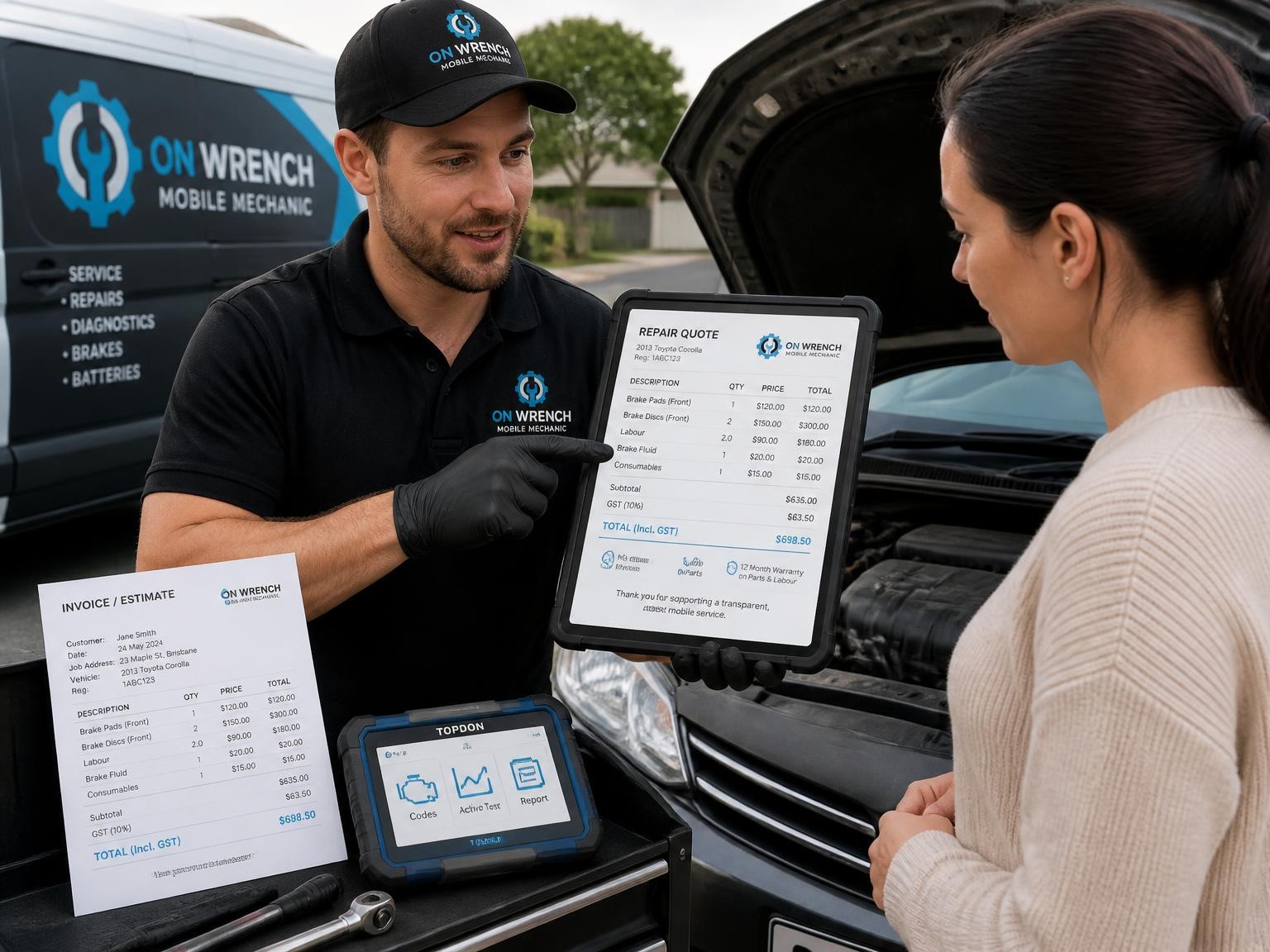 Mobile mechanic explaining clear pricing for an emergency car repair
