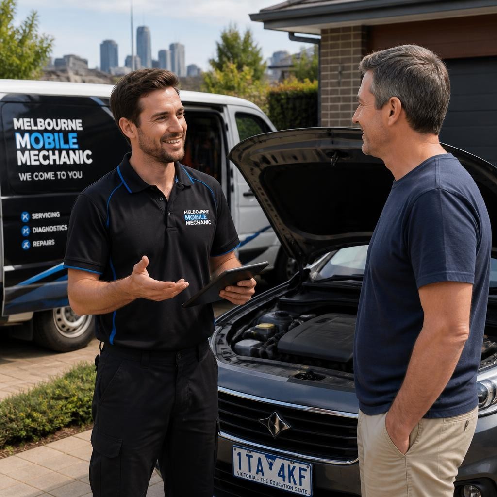 Mechanic discussing car repairs with a homeowner