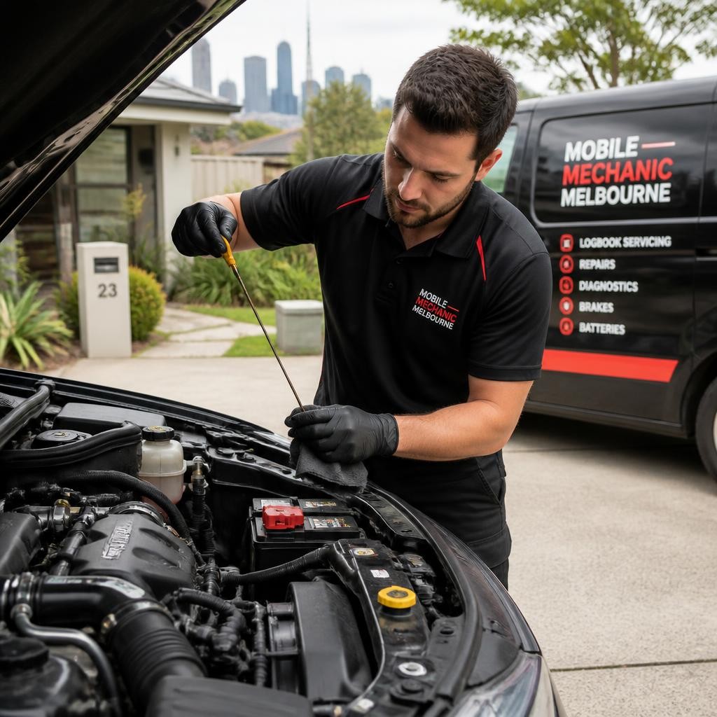 Mechanic completing scheduled car servicing at a Melbourne home