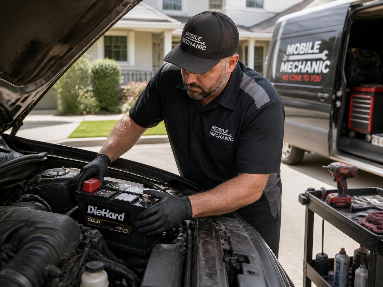 Mobile mechanic completing car repairs at a Melbourne home