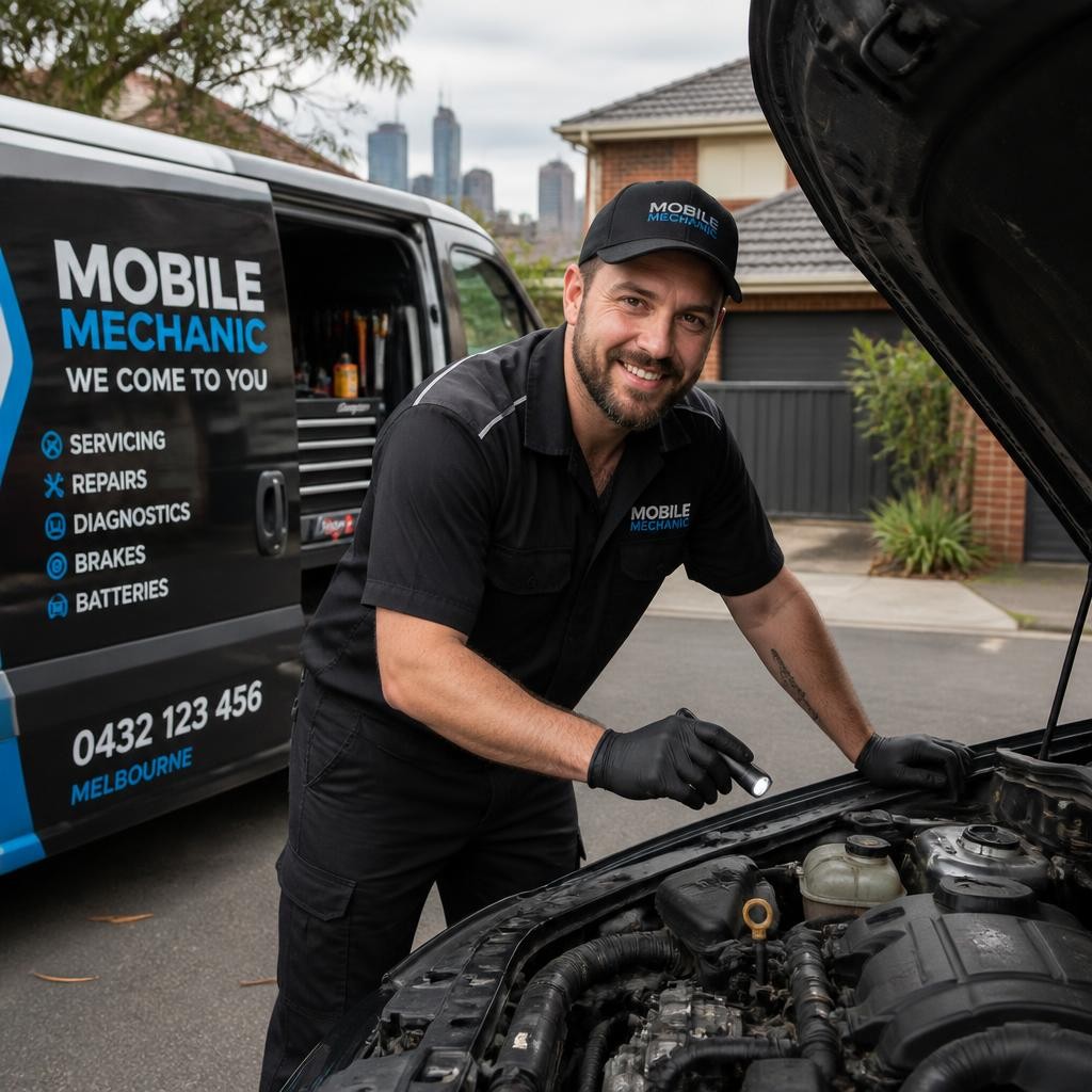 Experienced mobile mechanic inspecting a vehicle at a Melbourne property