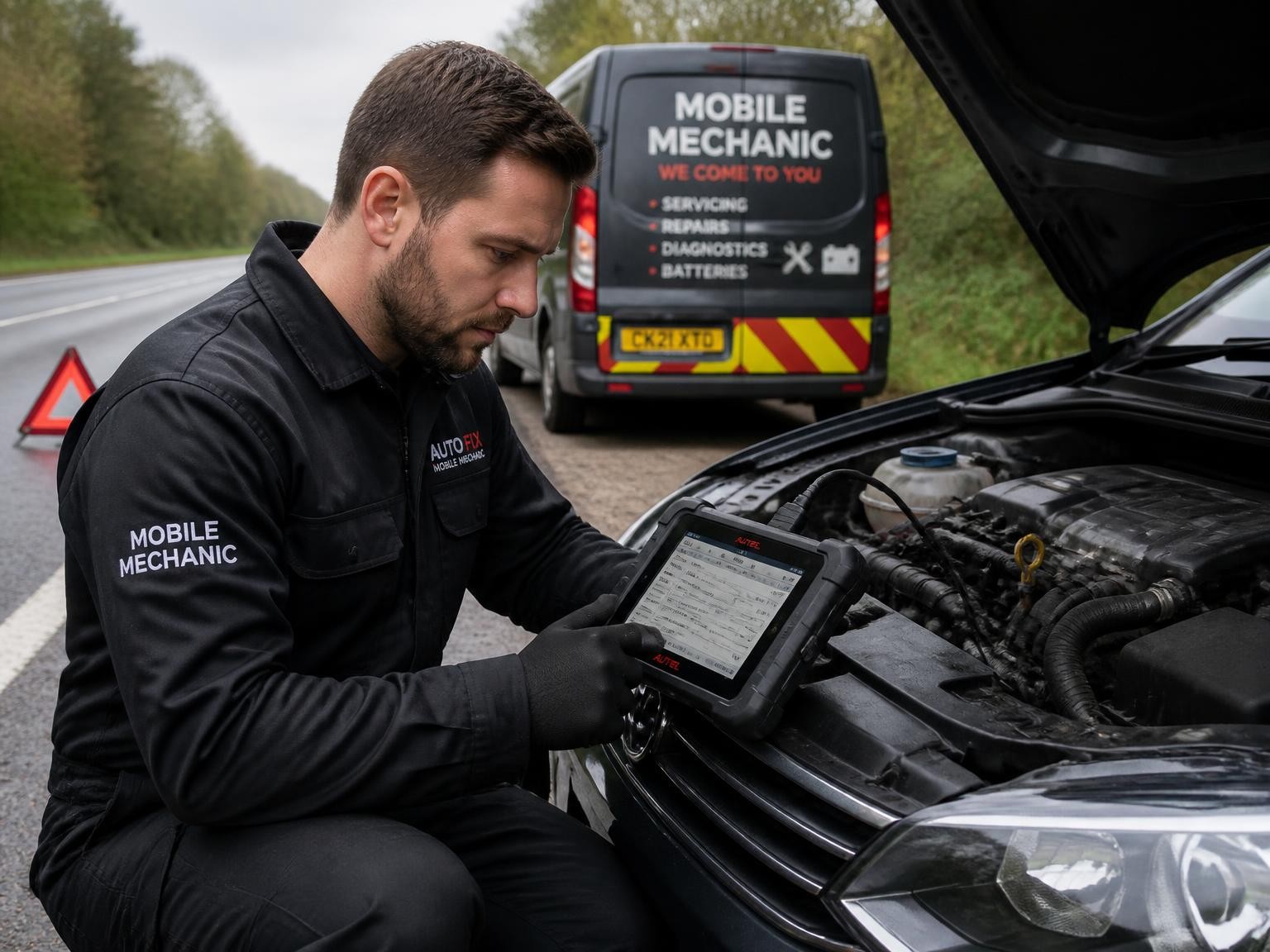 Mechanic diagnosing a broken-down car at the roadside