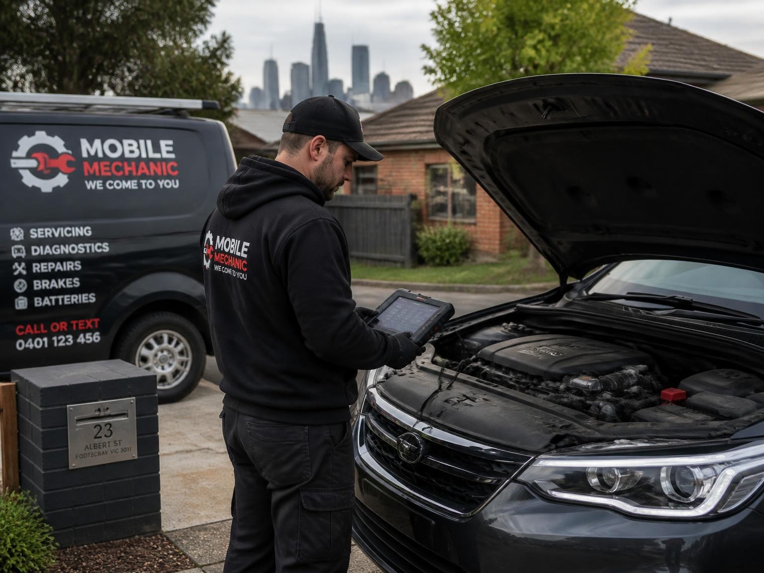 Mobile mechanic performing vehicle diagnostics in Melbourne