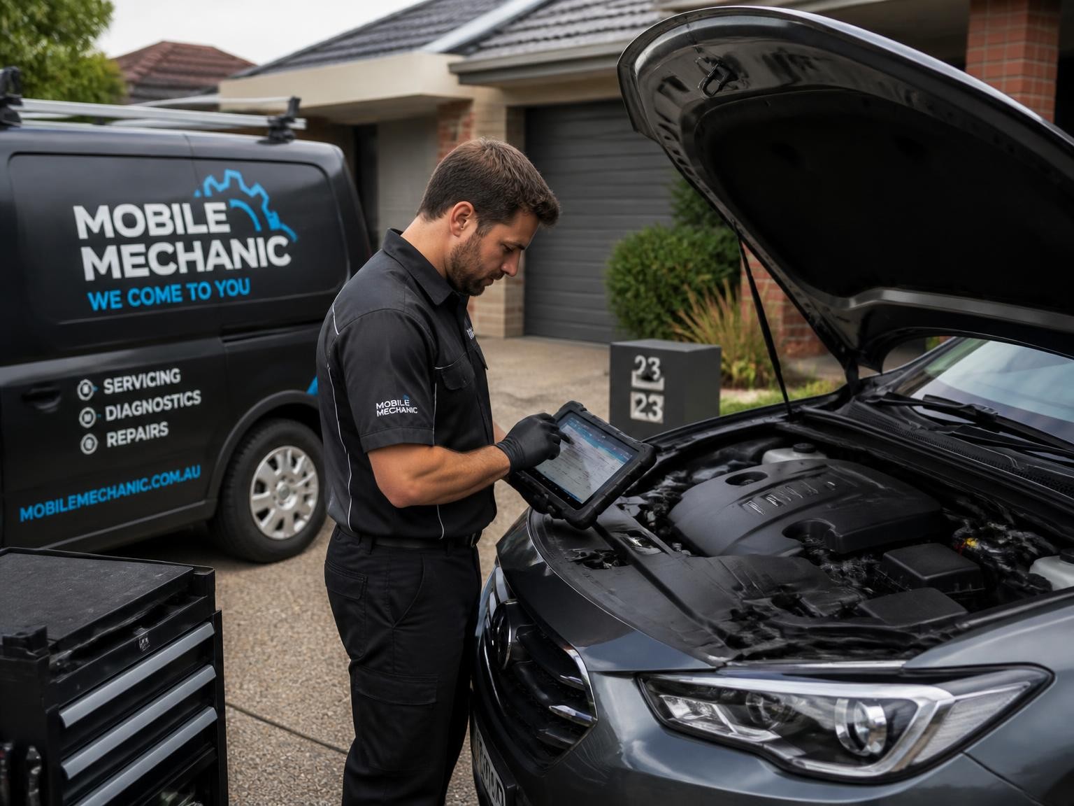 Mobile mechanic performing vehicle diagnostics in Melbourne