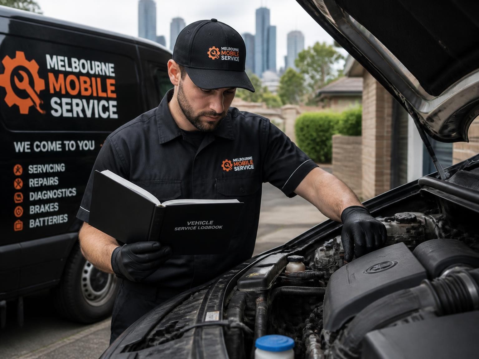 Mechanic completing logbook car servicing at a customer location