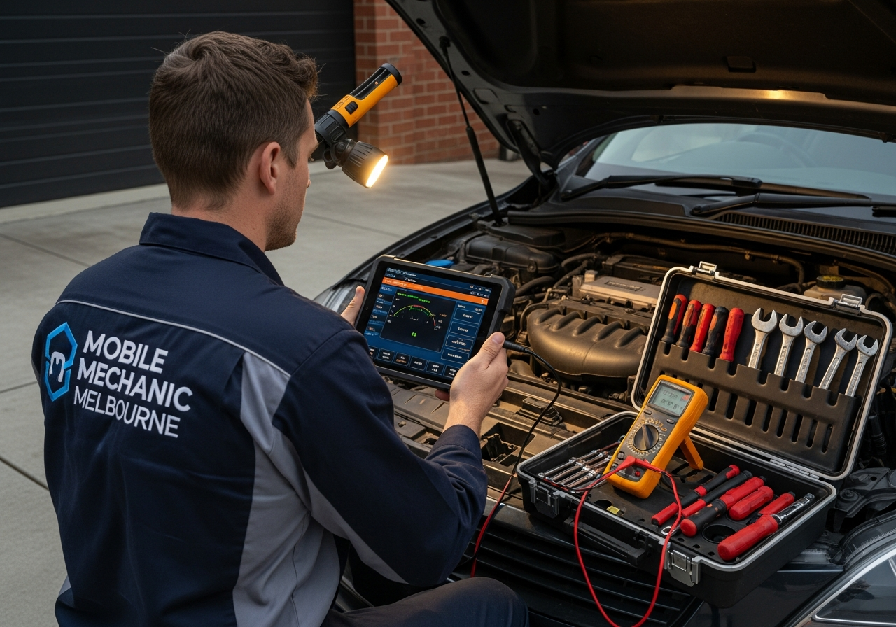 Mobile mechanic diagnosing engine