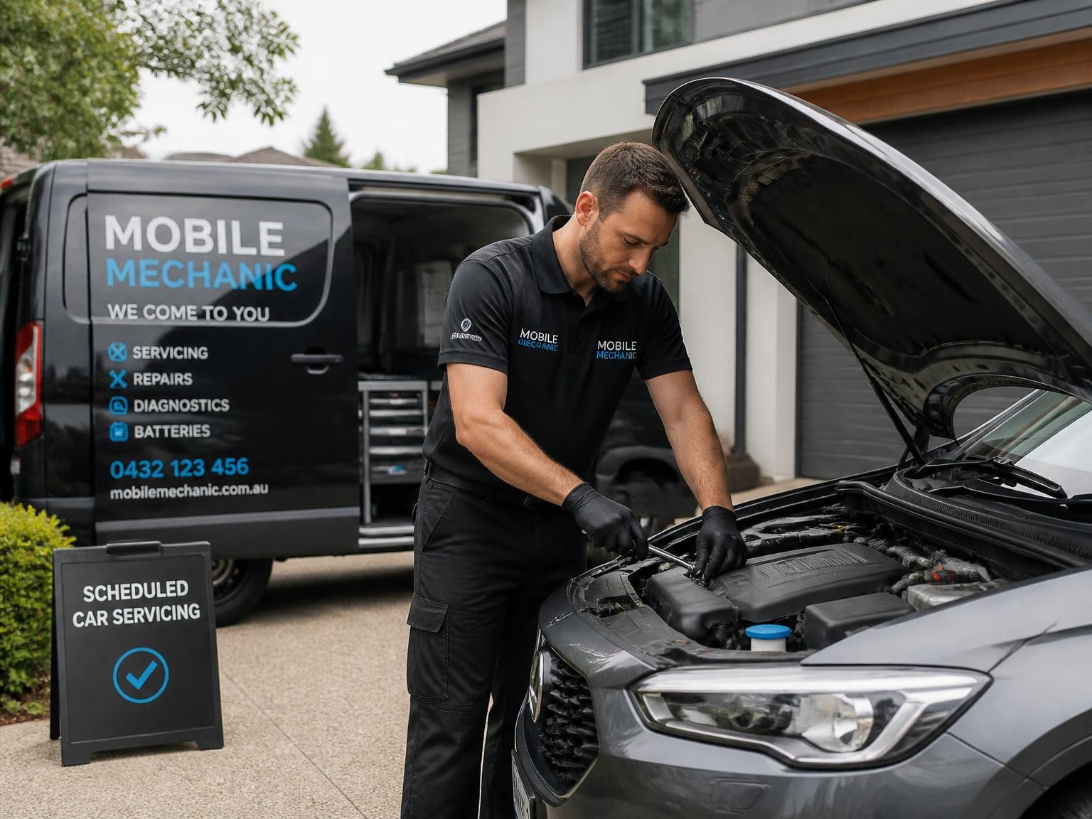 Mobile auto mechanic servicing a car at a Melbourne home