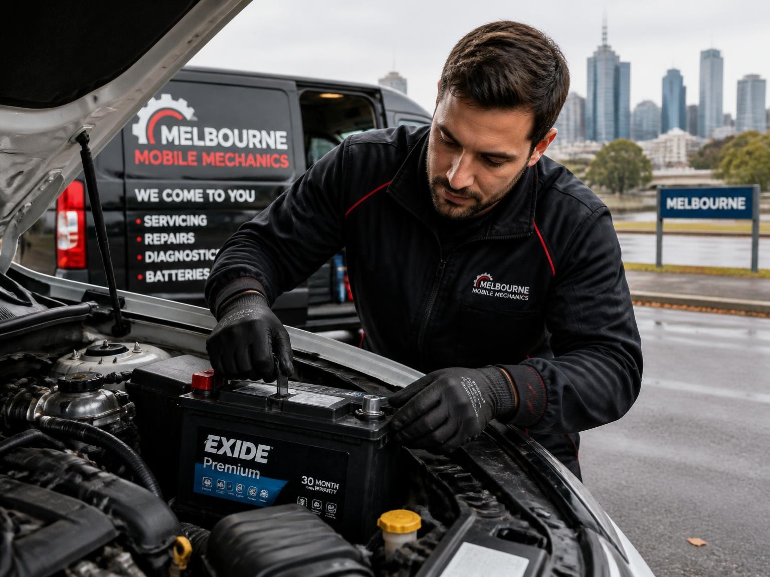 Mechanic carrying out an onsite battery and engine repair