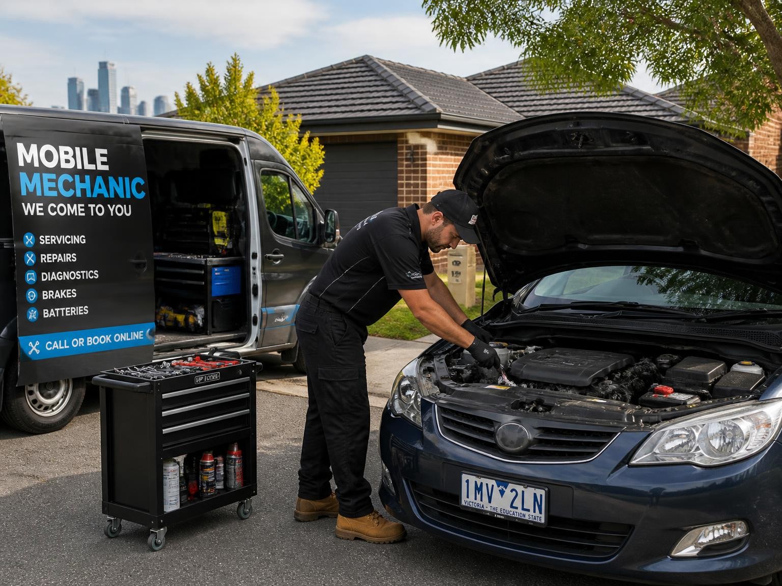Mobile mechanic servicing a car at home in Melbourne