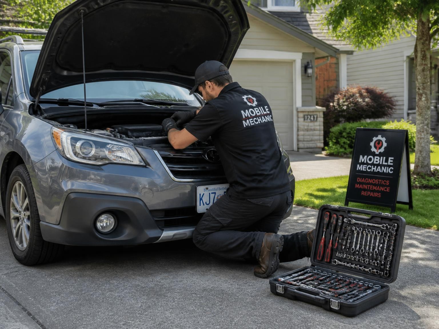 Mobile mechanic repairing a car at home
