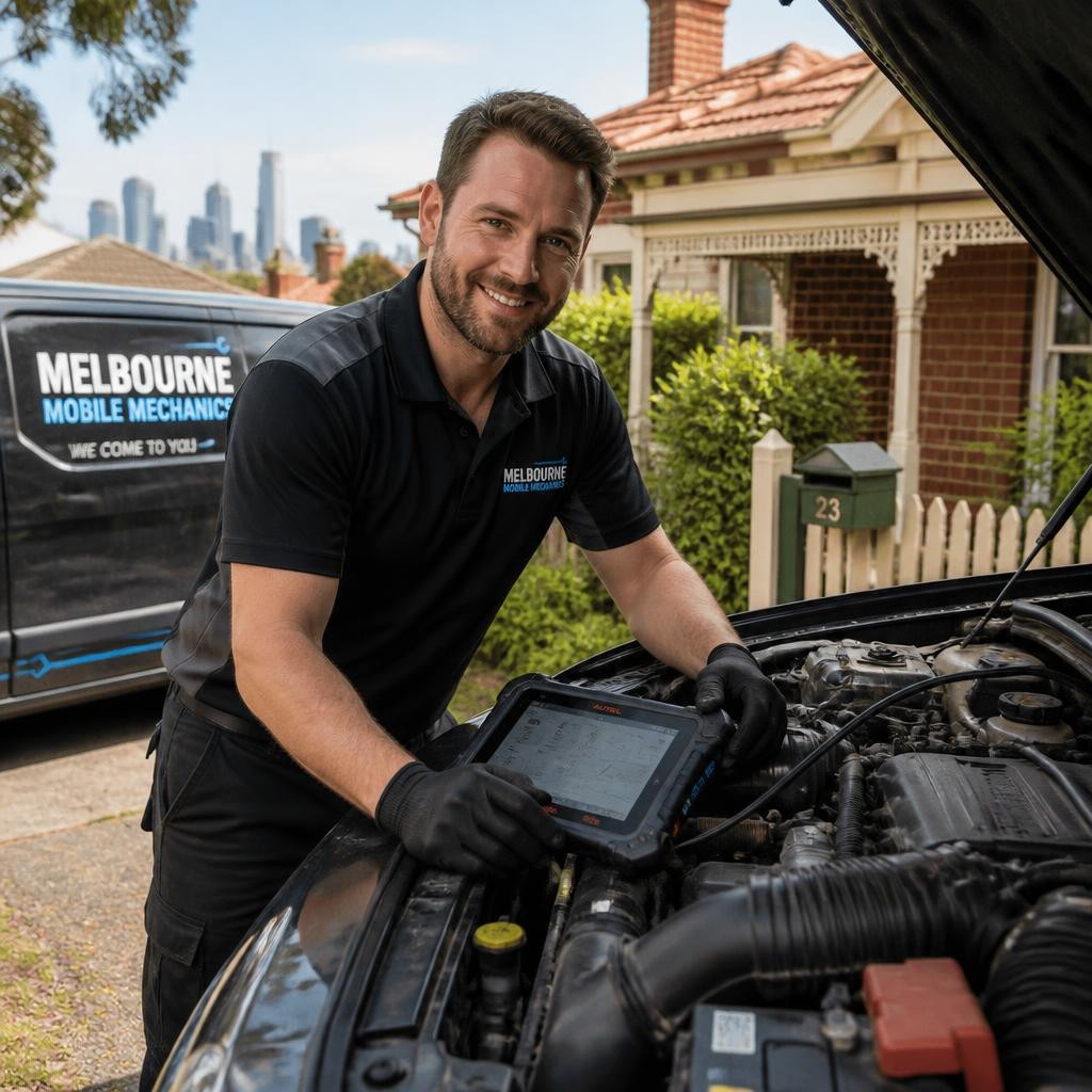 Mobile mechanic inspecting a vehicle at a Melbourne home