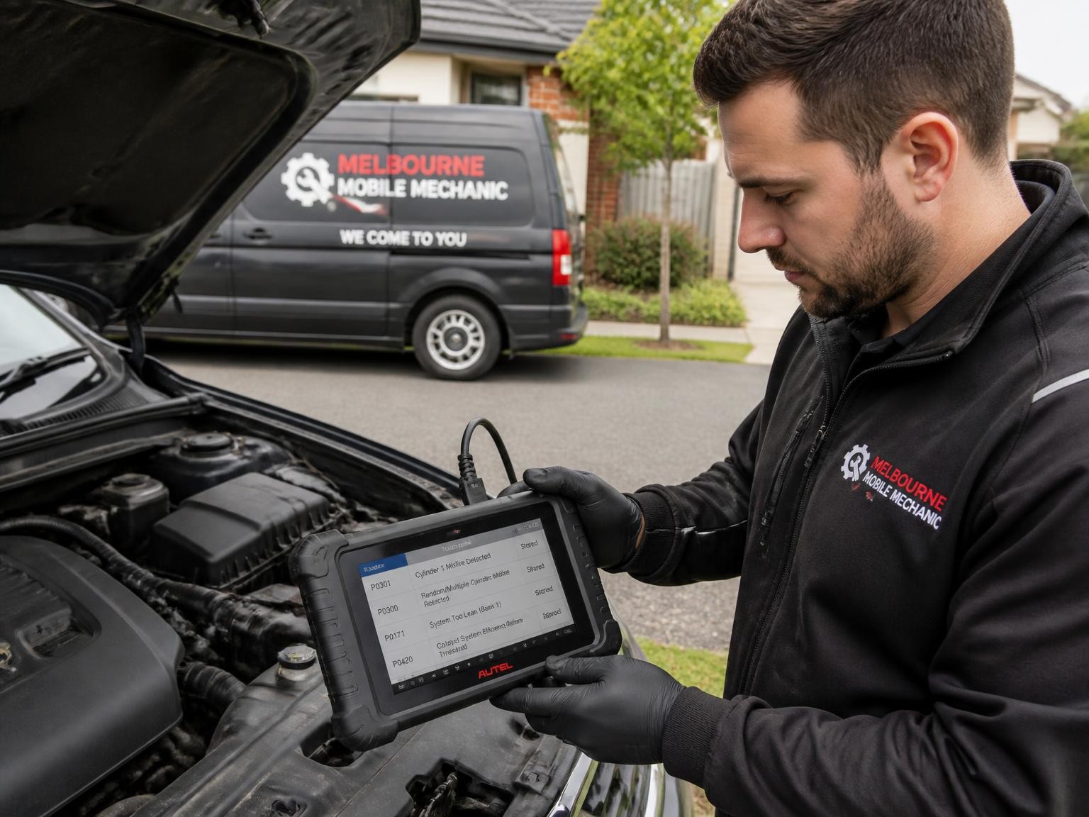 Mobile mechanic using professional diagnostic equipment on a car