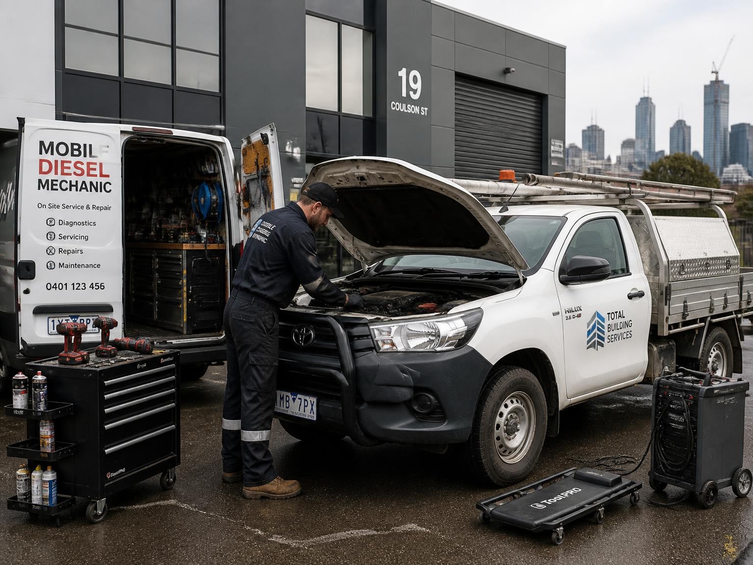 On-site diesel mechanic servicing a work ute in Melbourne