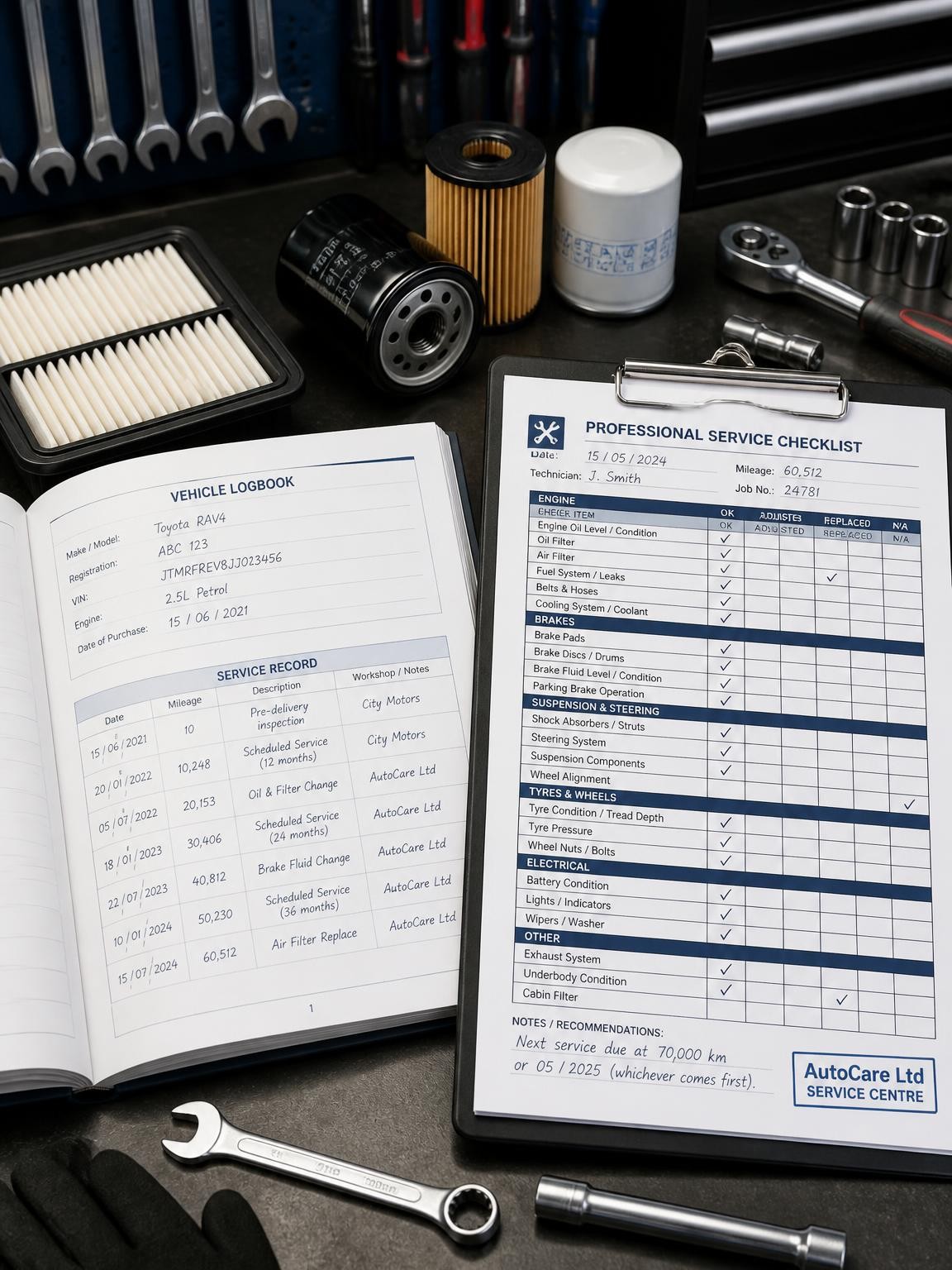Vehicle logbook servicing and maintenance checklist