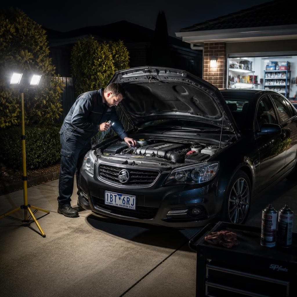 Mechanic inspecting a vehicle after hours in Melbourne