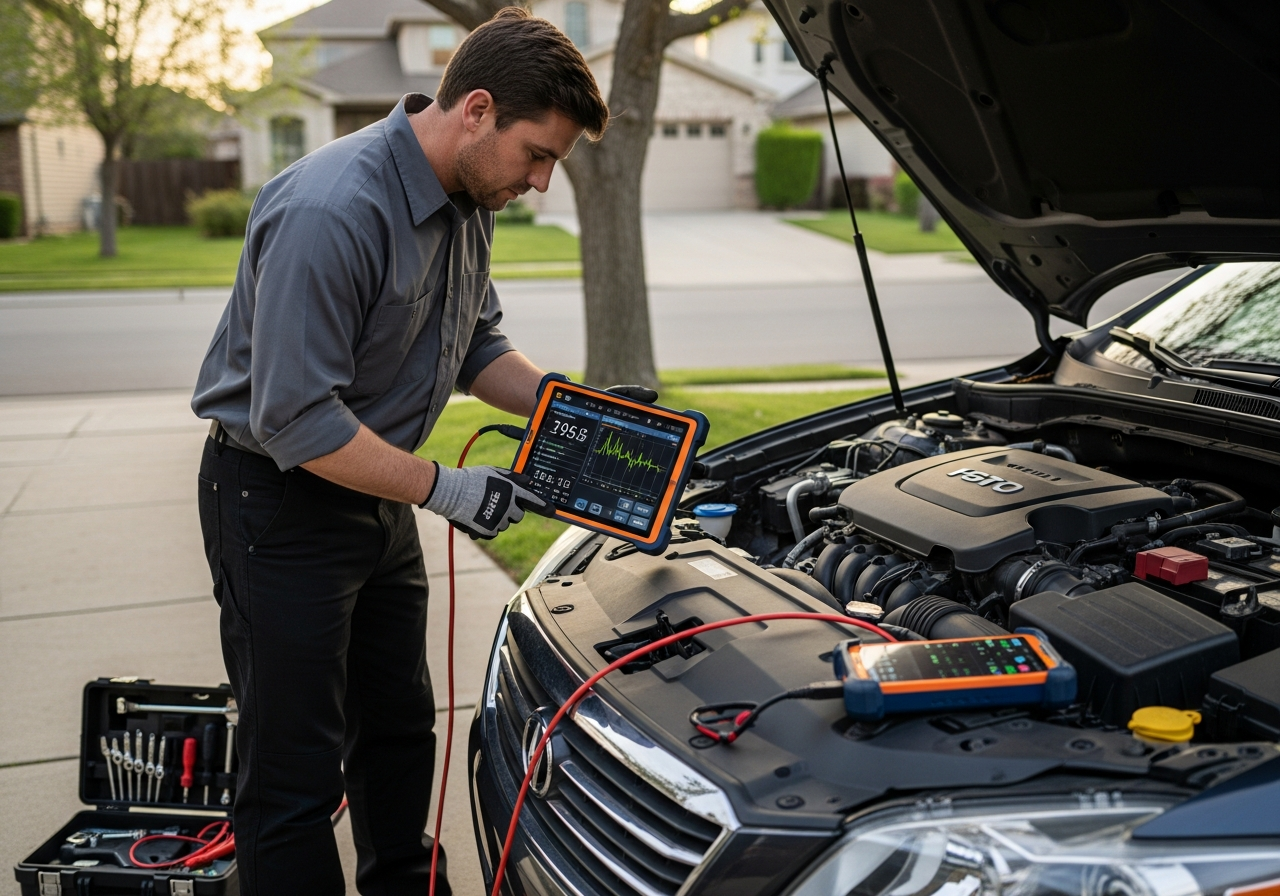 mechanic using diagnostic tablet