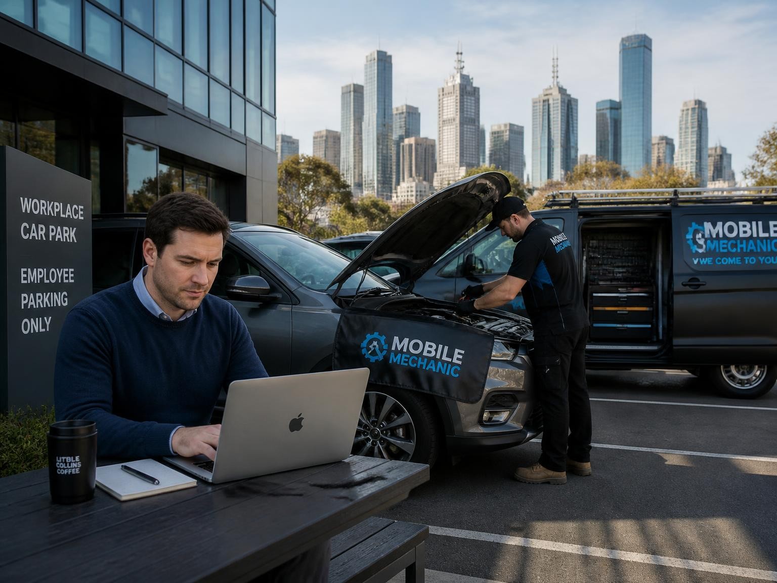 Mobile mechanic repairing a car at a workplace in Melbourne