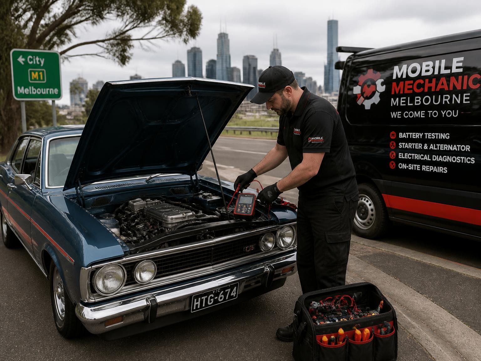 Mobile mechanic checking the battery of a classic car
