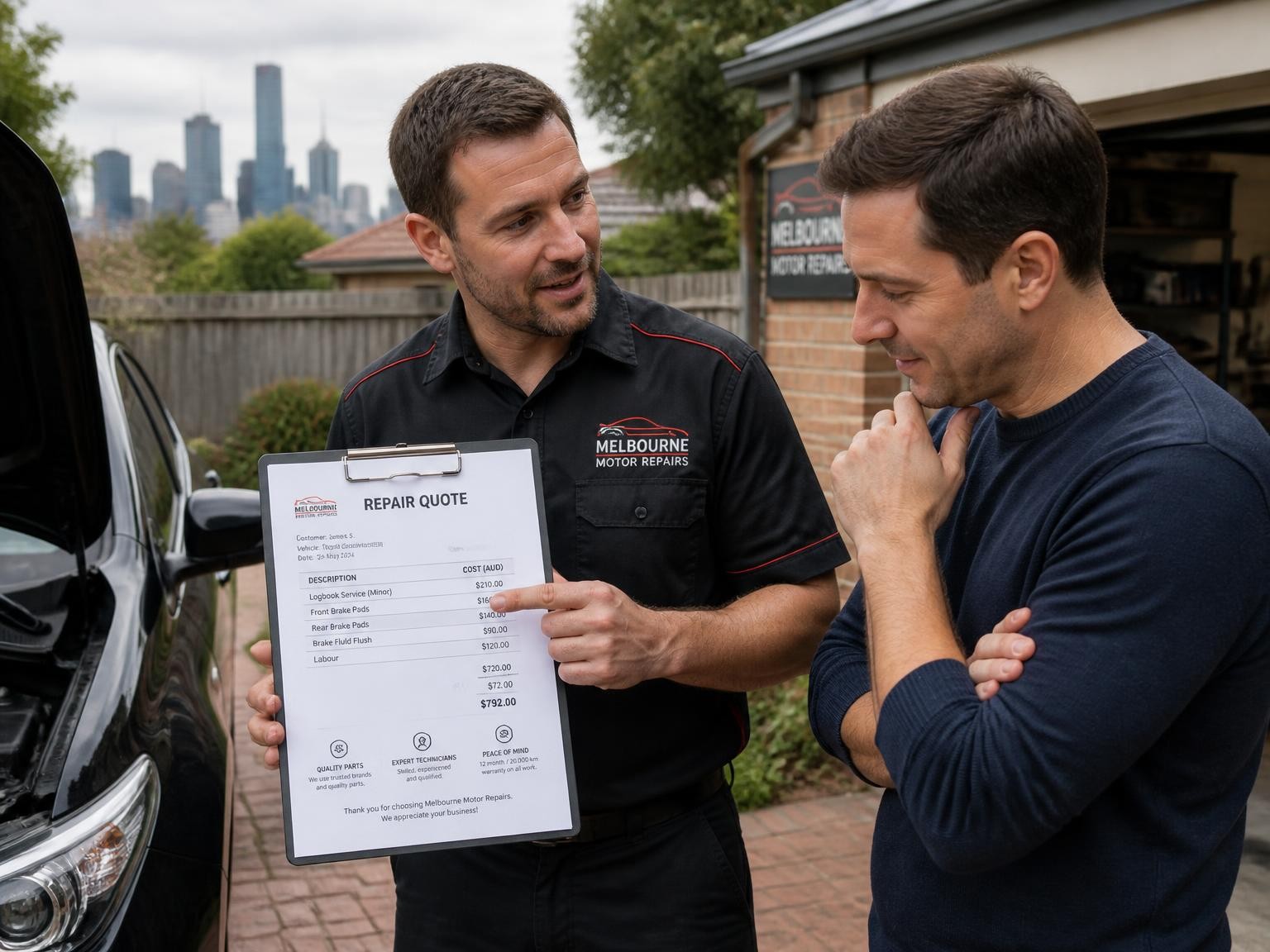 Mechanic explaining transparent mobile auto repair pricing