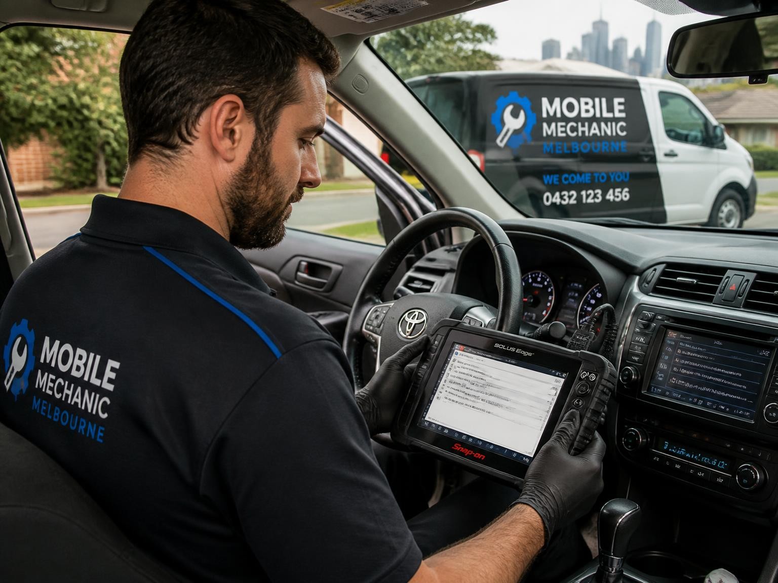 Mobile mechanic diagnosing a vehicle onsite