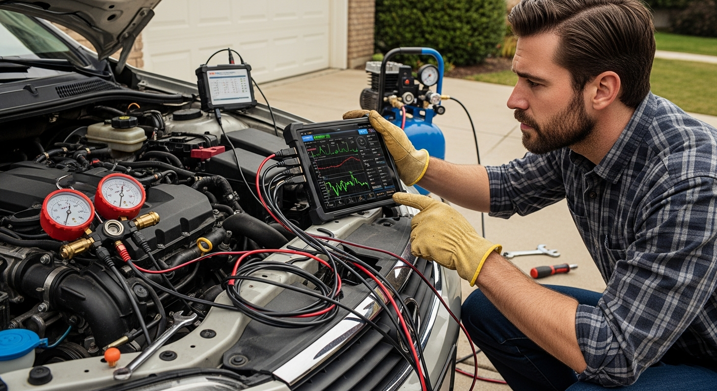 Mechanic diagnosing car