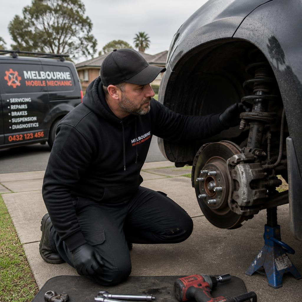 Mobile mechanic inspecting vehicle components during an onsite repair