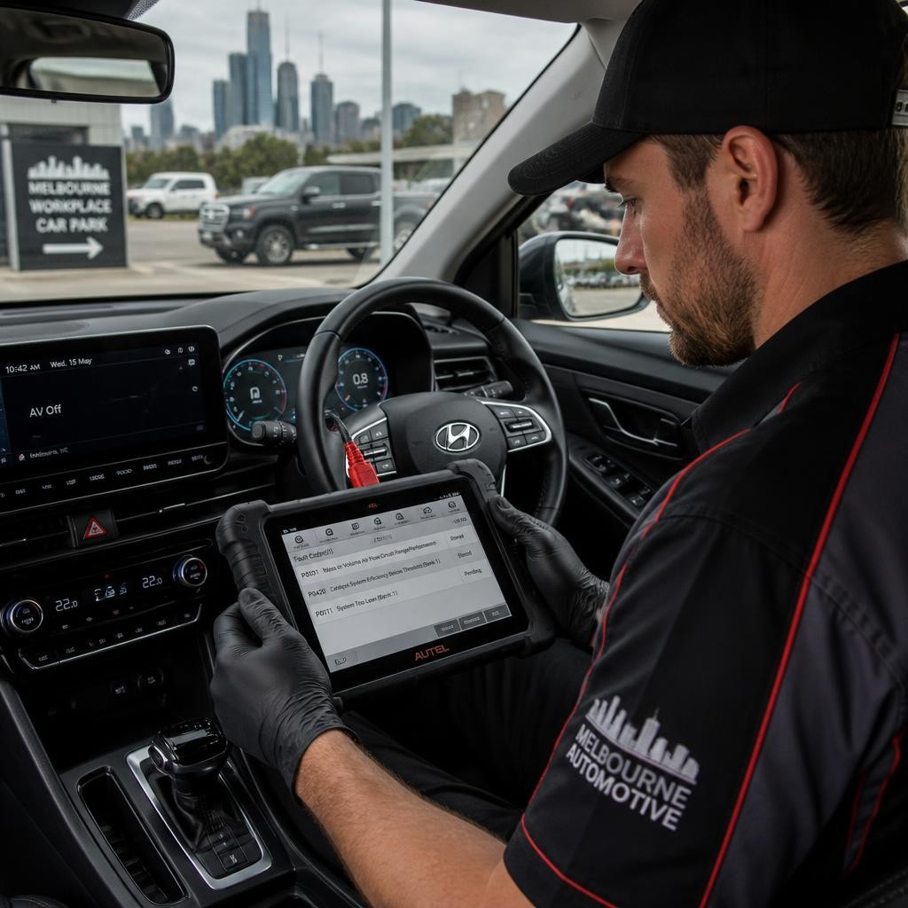 Mobile mechanic using diagnostic equipment on a vehicle