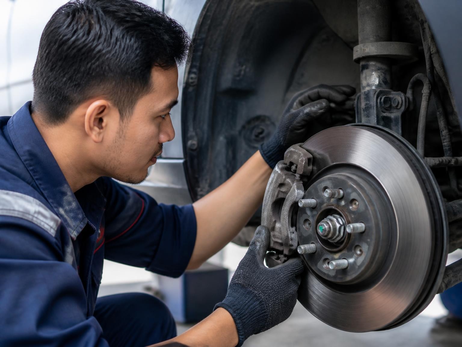 Mobile mechanic checking vehicle brakes in Brighton