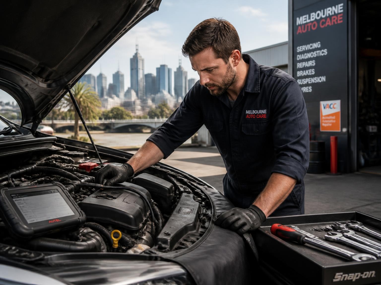 Mechanic inspecting a car problem onsite